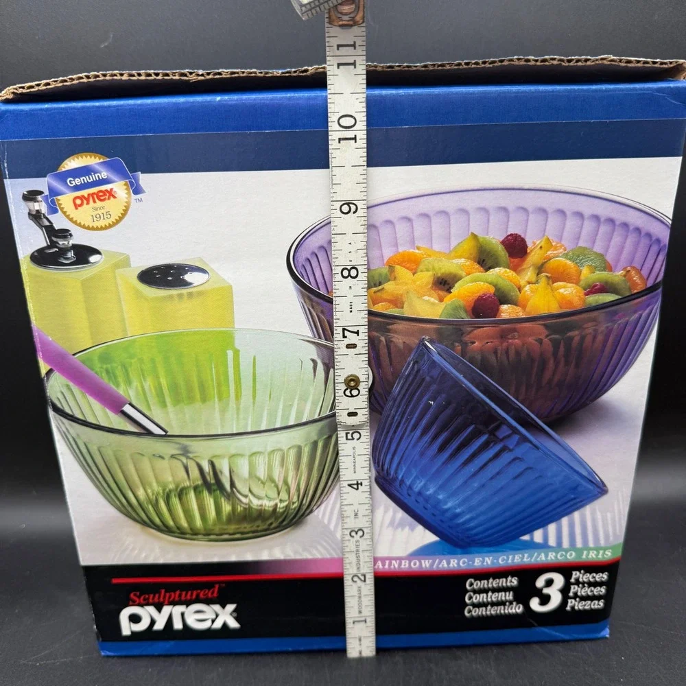 Vintage Pyrex Sculptured Rainbow Mixing Bowl Set 3 Piece Ribbed Glass Retro Boho